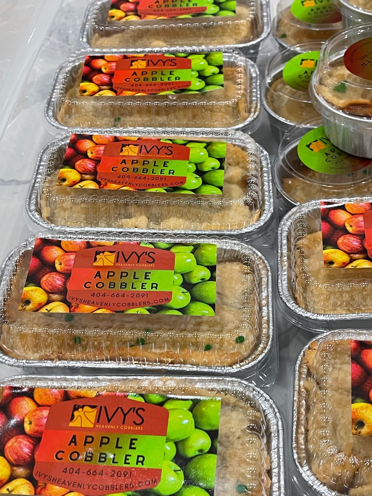 Labeled Ivy's apple cobbler loaf pans and cups