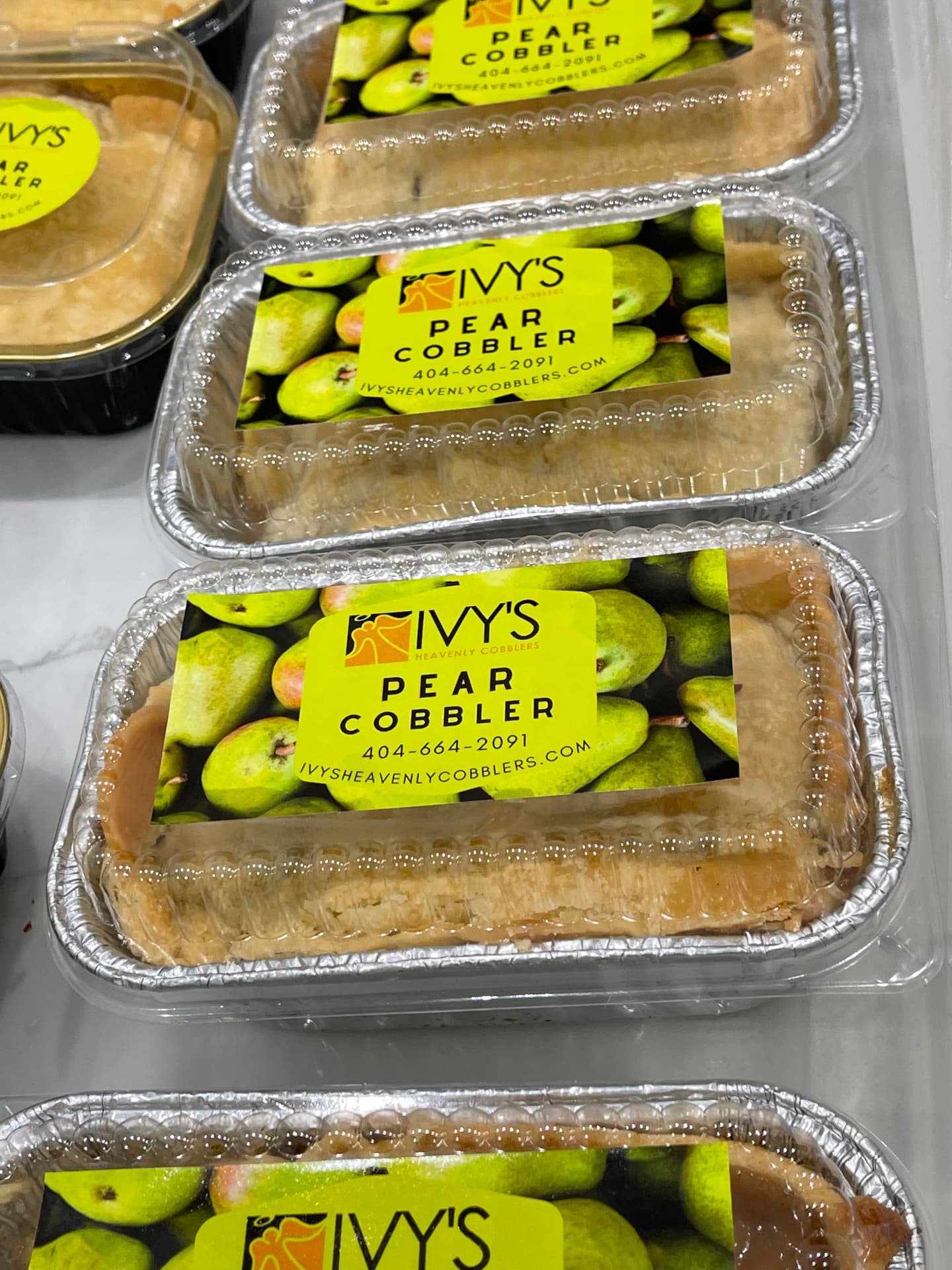 Labeled Ivy's pear cobbler loaf pans